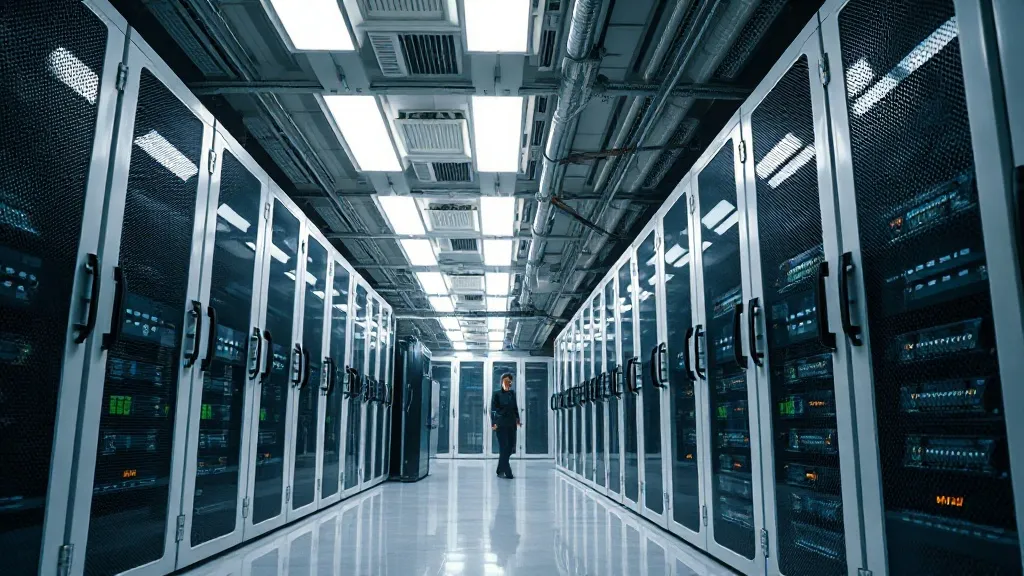 Industrial server room with clean white lighting and technic
