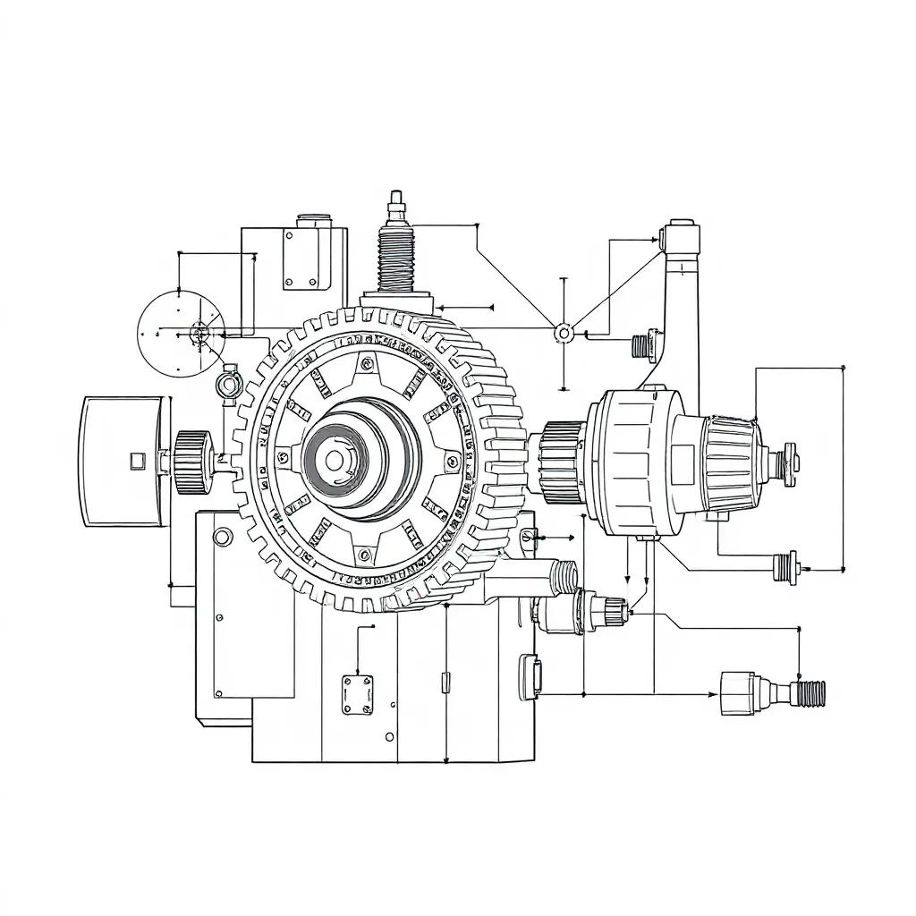 Technical blueprint of a mechanical gear system, clean lines