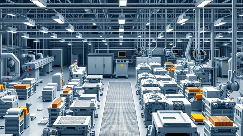 3D isometric view of a modern factory assembly line, focused