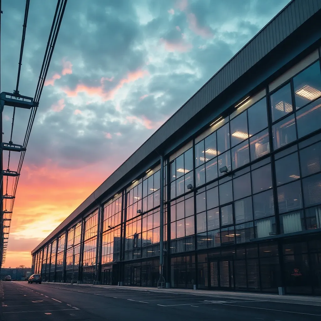 Modern industrial warehouse architecture, glass and steel fa
