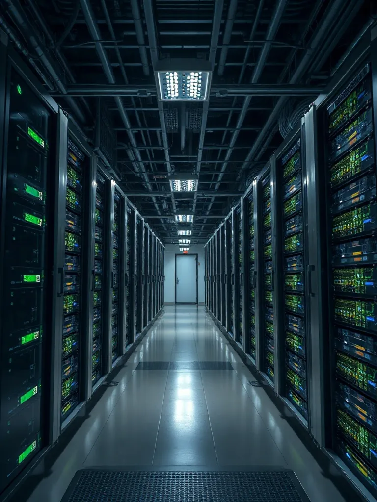 High-tech server room with racks and cables, industrial ligh